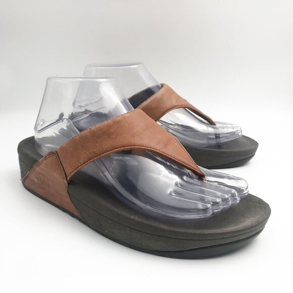 FITFLOP Lulu Leather Toe Thongs Tan Wedge Flip Flop Platform Sandals Womens 7 - Picture 1 of 12